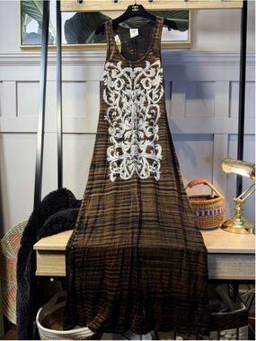 VOCAL CRYSTAL BLACK BROWN FLORAL TIE DYE MAXI DRESS SUNDRESS BIKER USA L